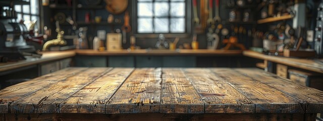 The inviting warmth of the craftsman's rustic workbench emanates from the deep focus on the wood's texture, with tools softly blurred in the background.