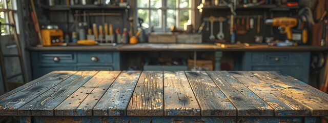 The inviting warmth of the craftsman's rustic workbench, with a deep focus on the wood's texture, set against a backdrop of blurred tools.