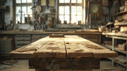Detailed focus on a craftsman's rugged wooden bench, traditional tools blurred in the background, warm and textured narrative.