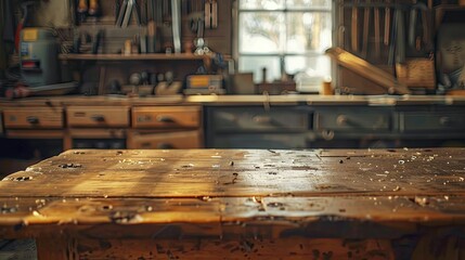 Highlighting the craftsmanship of woodworking through a weathered workbench and faint traditional tools in the backdrop.
