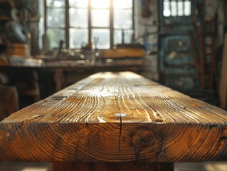 Rustic wooden bench in a craftsman's workshop, detailed focus on woodworking tools, soft blur of artisan at work in the background.