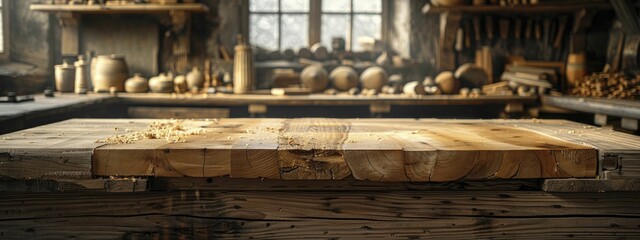 Scene at a traditional woodworking bench, focusing on the rustic textures and tools, blurred background of the artisan at work.