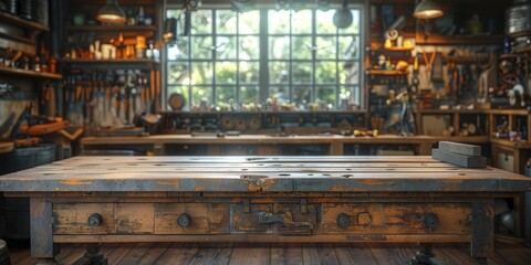 Traditional wooden workbench in a craftsman's workshop, detailed view of the tools, blurred artisan background, warm rustic tones