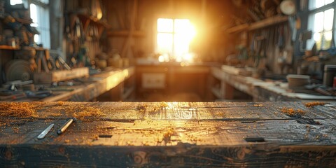 Traditional woodworking bench with hand tools, focus on craftsmanship details, blurred craftsman in a warmly lit background.