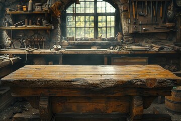 Workbench scene in a traditional craftsman's workshop, focused on the texture of the wood and tools, with a blurred background.