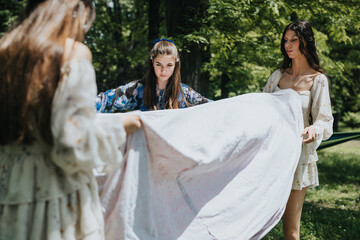 Three young women collaborate to set up a picnic area in a park, embodying friendship and leisure...