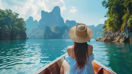 Travel summer vacation concept, Happy solo traveler asian woman with hat relax and sightseeing