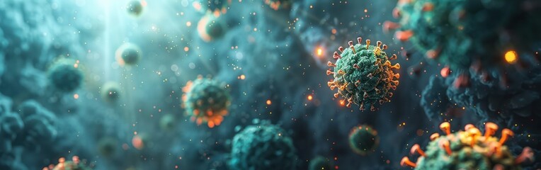 Microscopic View of Influenza Virus Cells with Abstract D Viruses Texture - Virology Medicine Science Background Banner Panorama