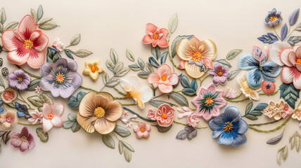 Floral background with delicate colorful flowers, volumetric embroidery style