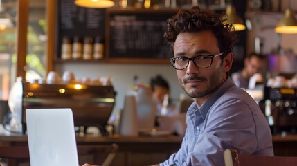 Obraz premium A dapper businessman, sporting trendy glasses and a relaxed demeanor, occupies a cozy corner of a bustling urban cafe.
