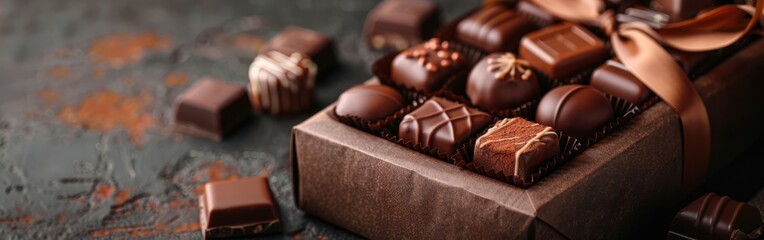 Assorted Chocolate Pralines in Gift Box on Dark Brown Table - Sweet Confectioner Photography...