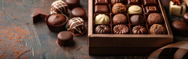 Assorted Chocolate Pralines in Gift Box on Dark Brown Table - Sweet Confectioner Photography...