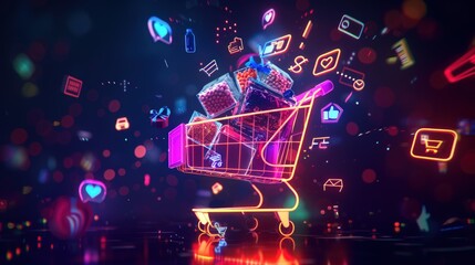 Concept of online grocery shopping transformed into a vibrant visual spectacle within a mobile phone.