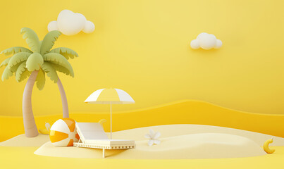 Obraz premium 3d cartoon simple minimalistic illustration of beach with sand, yellow background, beach ball and palm tree, white color sunbed, one small flower on the side, sun umbrella, yellow clouds, minimalism