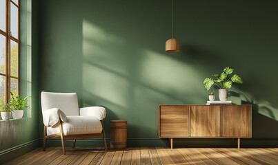 3d rendering, A photo of an empty wall in the living room, the walls have been painted with sage green color, there is a white armchair and wooden sideboard on one half of the picture