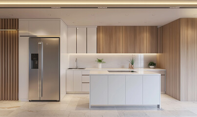 3d rendering, Minimalist kitchen with white cabinets, light brown wood paneling on the wall behind and an integrated refrigerator in stainless steel, with a sleek design that includes black elements