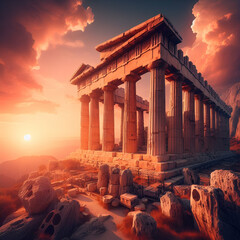 Fantasy Magnificent Ancient World Greek Civilization Rock Stone Temple Exterior with Doric Column & Arches Ruin on Hills During Sunset Evening Twilight Time Clouds & Sun Ray Glory Background Wallpaper