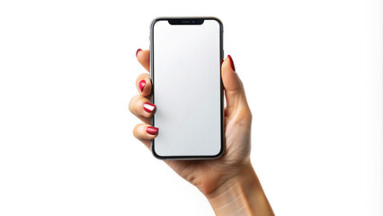 A woman's hand with red nails holding a cell phone with a white screen.