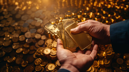 a man holds gold coins in his hands - Powered by Adobe