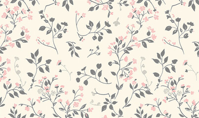Light pink small flowers and gray leaves on cream background, simple flat pattern