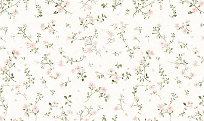 Light pink small flowers and gray leaves on cream background, simple flat pattern