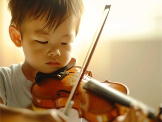 child playing a violin, with passion and skill.