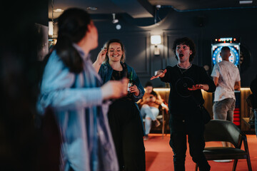 A joyful group of friends having fun at a bar, playing darts, and sharing happy moments together on a lively night out.