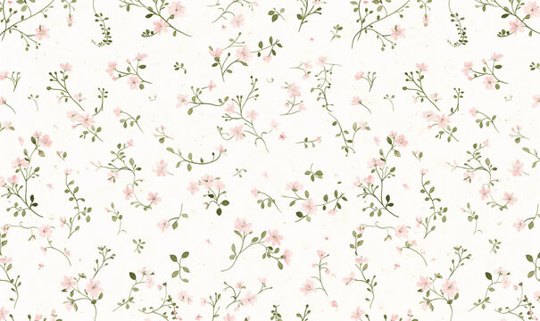 Light pink small flowers and gray leaves on cream background, simple flat pattern