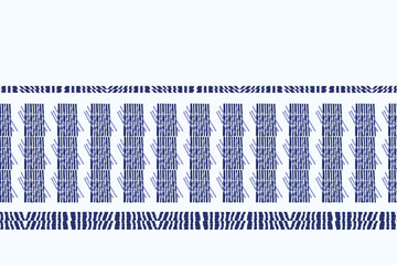 Indigo blue Japanese block print effect bordur. Seamless hand made vector design for fabric batik ribbon and faded fashion repeat banner. 