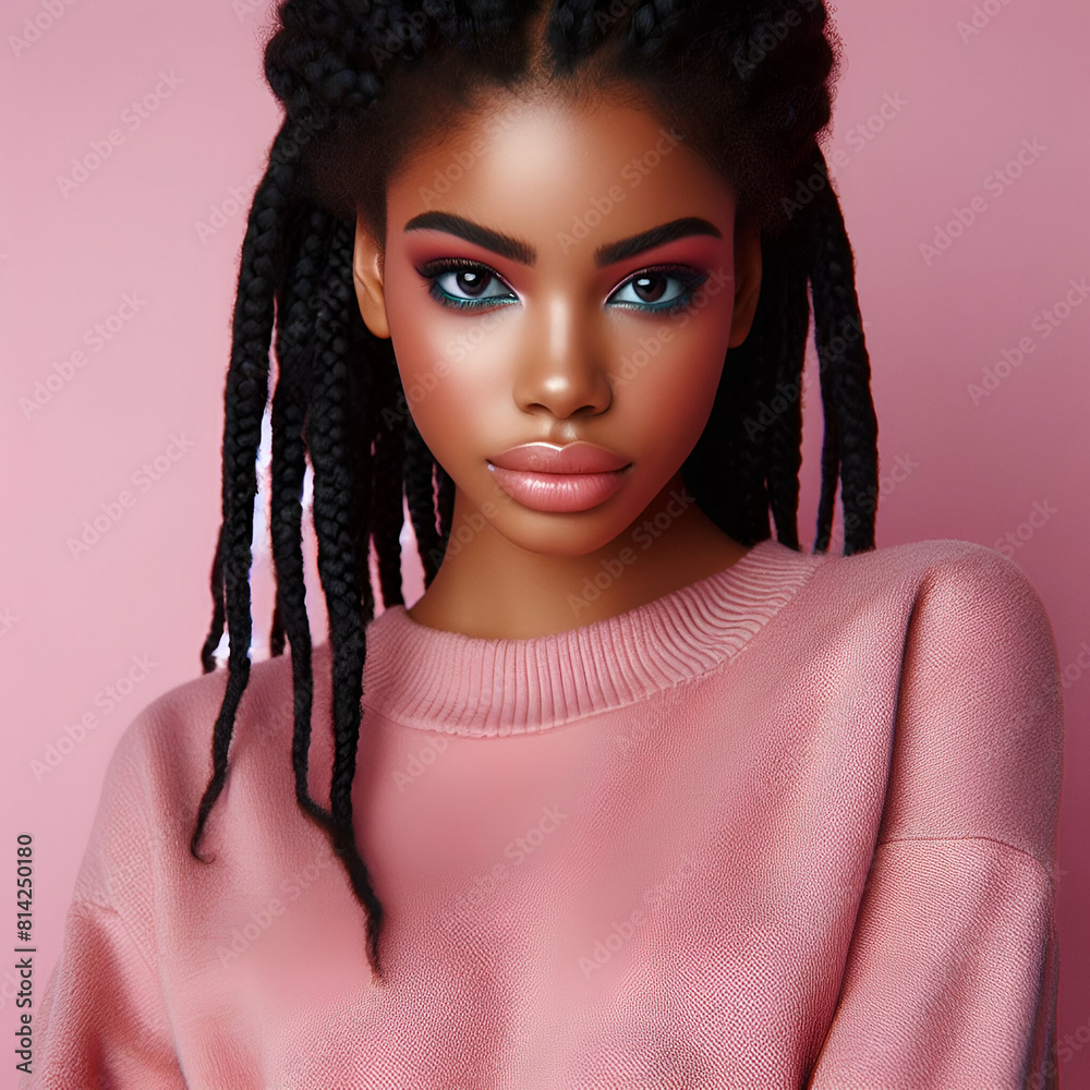 Wall mural Studio Portrait of an Attractive Stylish Young Black African American Ethnic Female Beauty Girl Fashion Model with Full Makeup and Beautiful Braids Hairstyle Wearing Pink Isolated on a Pink Background