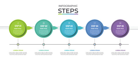 Concept of arrow business model with 5 steps. Five colorful graphic elements vector design.