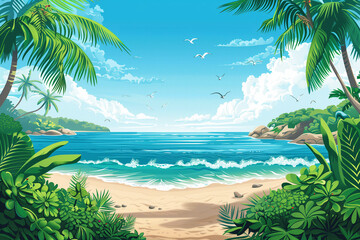 Summer drawing tropical beach landscape with sea and palms.