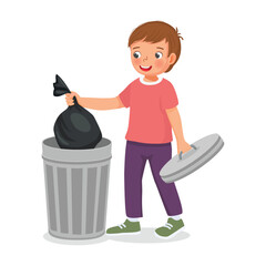 Cute little boy taking out the trash in garbage bag into recycling bin