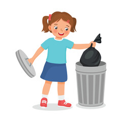 Cute little girl taking out the trash in garbage bag into recycling bin