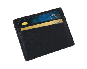 Black card holder with plastic credit cards isolated on white
