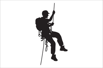 Rappelling climbing rope Silhouette vector isolated on a white background. Man climbing a rope silhouette vector.