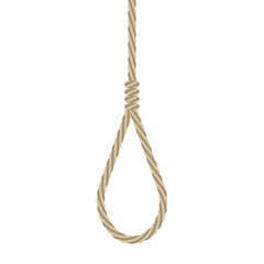 Hanging rope noose. Brown twisted knot. Vector execution symbol. Isolated illustration.
