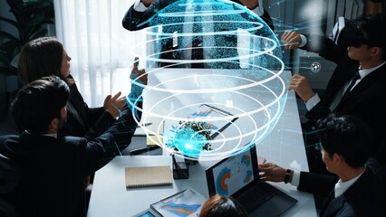 Project manager using VR glass to connect global connection with hologram of big data and digital...