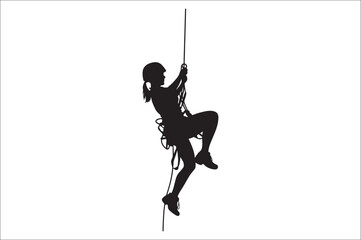 Rappelling climbing rope Silhouette vector isolated on a white background. Man climbing a rope silhouette vector.