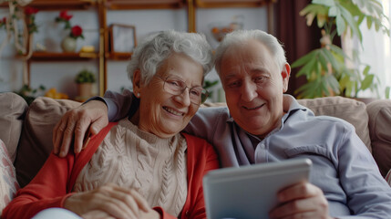 Elderly Couple Sitting on Couch Using Tablet Computer