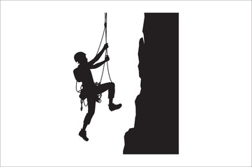 Rappelling climbing rope Silhouette vector isolated on a white background. Man climbing a rope silhouette vector.