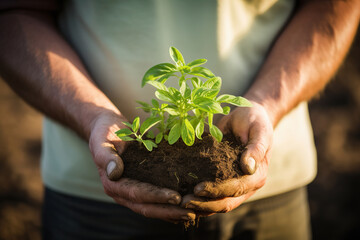 Farmer holding young plant in sunlight