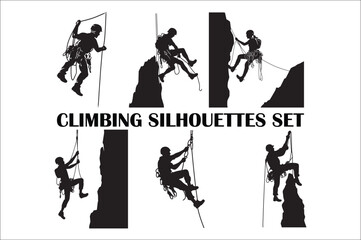 Rappelling climbing rope Silhouette vector isolated on a white background. Man climbing a rope silhouette vector.