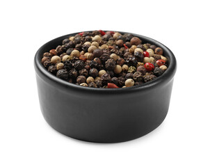 Aromatic spices. Different peppers in bowl isolated on white