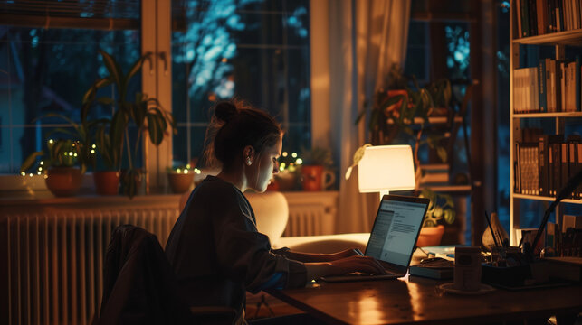 Young Woman Working on Laptop at Night by Window
