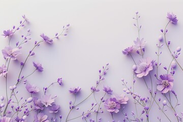 Purple flower background. Frame with light purple flowers. Simple flower background. Frame pattern on a light purple background. Free space for text. Greeting card illustration.