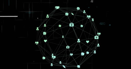 Image of globe of connections with icons and data processing on black background