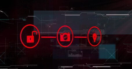 Image of media icons and data processing over network of connections
