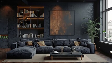 Interior of a living room with a black theme, elegant furnishings, fashionable contemporary style.