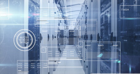 Image of interfaces with data processing and mosaic squares against computer server room